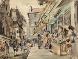 a painting of a street scene with people walking down the street