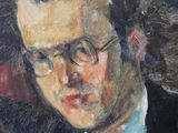 painting of a man in a suit and tie with glasses