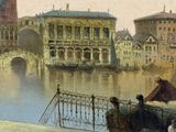 a painting of a view of a city with a bridge in the background