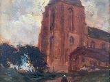 une peinture à l'huile représentant une femme marchant sur un chemin de terre, devant une église