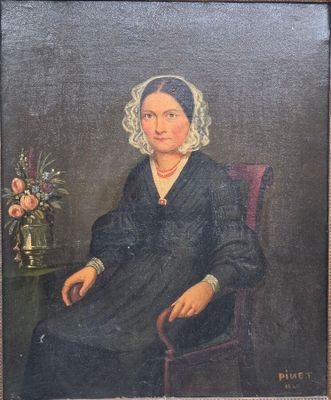 tableau représentant une femme assise sur une chaise avec un vase de fleurs