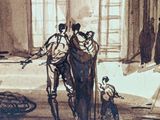 painting of a couple of people standing in a courtyard with a dog
