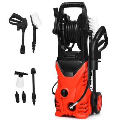 an image of a red pressurer with a hose and a cleaning brush