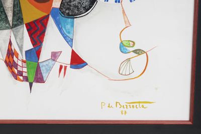 painting of a woman ' s face with glasses and a bird on her head