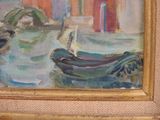 a painting of a boat in the water with buildings in the background
