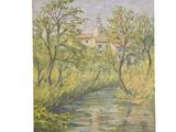 une image d'un tableau représentant une maison au bord d'une rivière