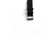 the watch strap is black and has a silver buckle