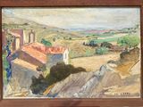 an oil painting of a landscape with a church in the distance