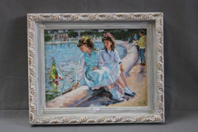 a painting of two girls sitting on a ledge by the water