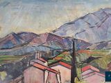 an image of a painting of a mountain with houses in the foreground