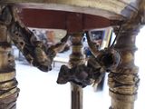 a close up of a table with a clock on it