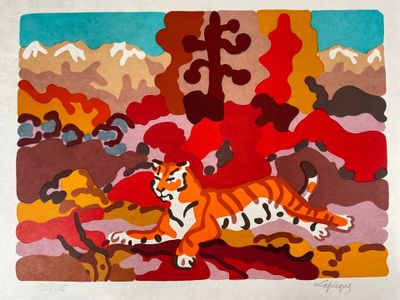 tableau représentant un tigre dans un champ de fleurs, avec des montagnes en arrière-plan