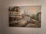 painting of a painting of a street scene with a church in the background