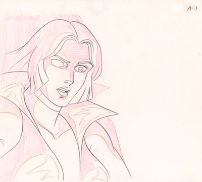 dessin représentant une femme vêtue d'une tenue rose et portant une capuche