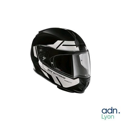 the helmet is black and white with a white stripe on the side