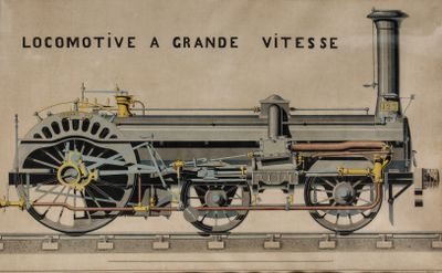 drawing of an old steam locomotive on a track with the words locomotive a grande viesse