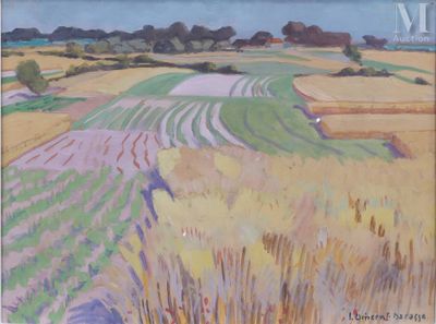 une peinture à l'huile représentant un champ de cultures sur fond de ciel