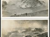 an old black and white photo of a group of people standing in front of a mountain