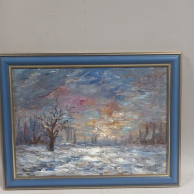 painting of a snowy landscape with a tree in the foreground and a city in the background