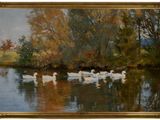 un tableau représentant un groupe de canards nageant dans l'eau