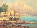 une image d'une peinture représentant une scène de plage avec un bateau dans l'eau