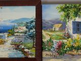two paintings of a house with blue shutters and flowers