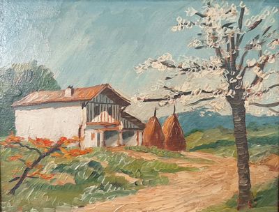 un tableau représentant une maison sur une colline, avec un arbre