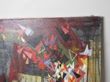 a painting on the wall of a room with a vase of flowers in it