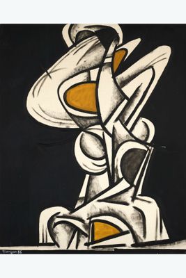 a black and white painting of a woman with a hat on her head