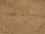 an old brown canvas with some writing on the side of it