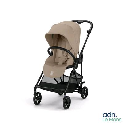 une poussette avec un siège beige et des roues noires