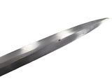 a close up of a knife on a white background