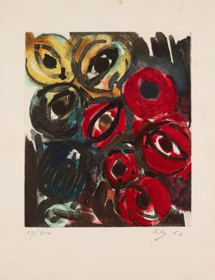 an image of a painting of red and black flowers on a white background