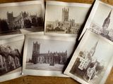 several old black and white photos of a city with a clock tower