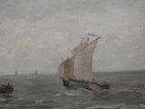 a painting of a boat in the water with other boats in the water