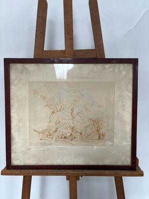 une vieille photo représentant un tableau posé sur un chevalet, sur fond blanc