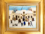 tableau représentant un groupe de personnes devant une maison, dans la neige