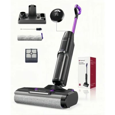 a close up of a vacuum cleaner with a purple handle