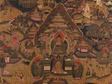 painting on the wall of a buddhist temple with a lot of paintings