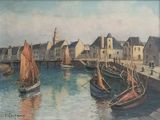 painting of boats in a harbor with buildings in the background