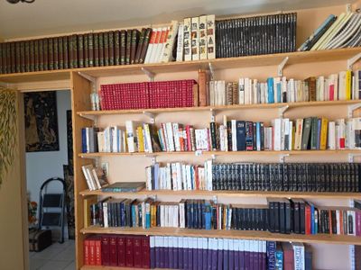 many books on the bookshelf in the room