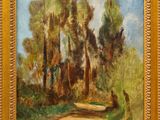 une peinture d'un chemin de terre avec des arbres en arrière-plan