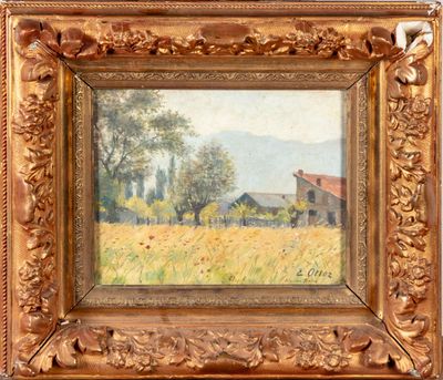 une peinture à l'huile d'un champ avec une maison au loin