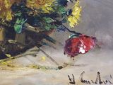 a painting of flowers in a vase on a table