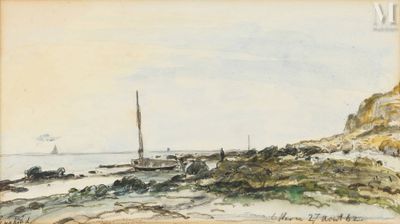 an image of a painting of a lighthouse on a rocky shore