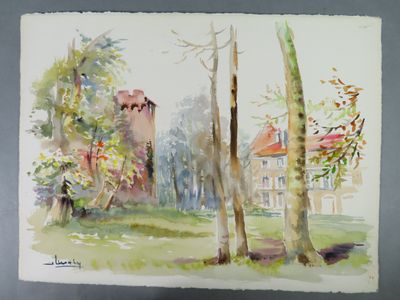 watercolor painting of a house and trees in a park
