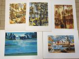 four watercolor paintings of trees and a lake on a tile floor