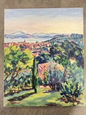 une peinture à l'huile représentant une vue d'une ville depuis une colline