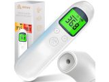 an electronic thermometer with thermometer in front of a box