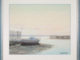painting of a boat on a beach with a fence in the foreground